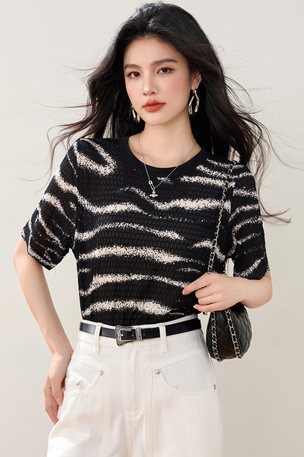 Thin stripe niche tops short sleeve summer ice silk T-shirt